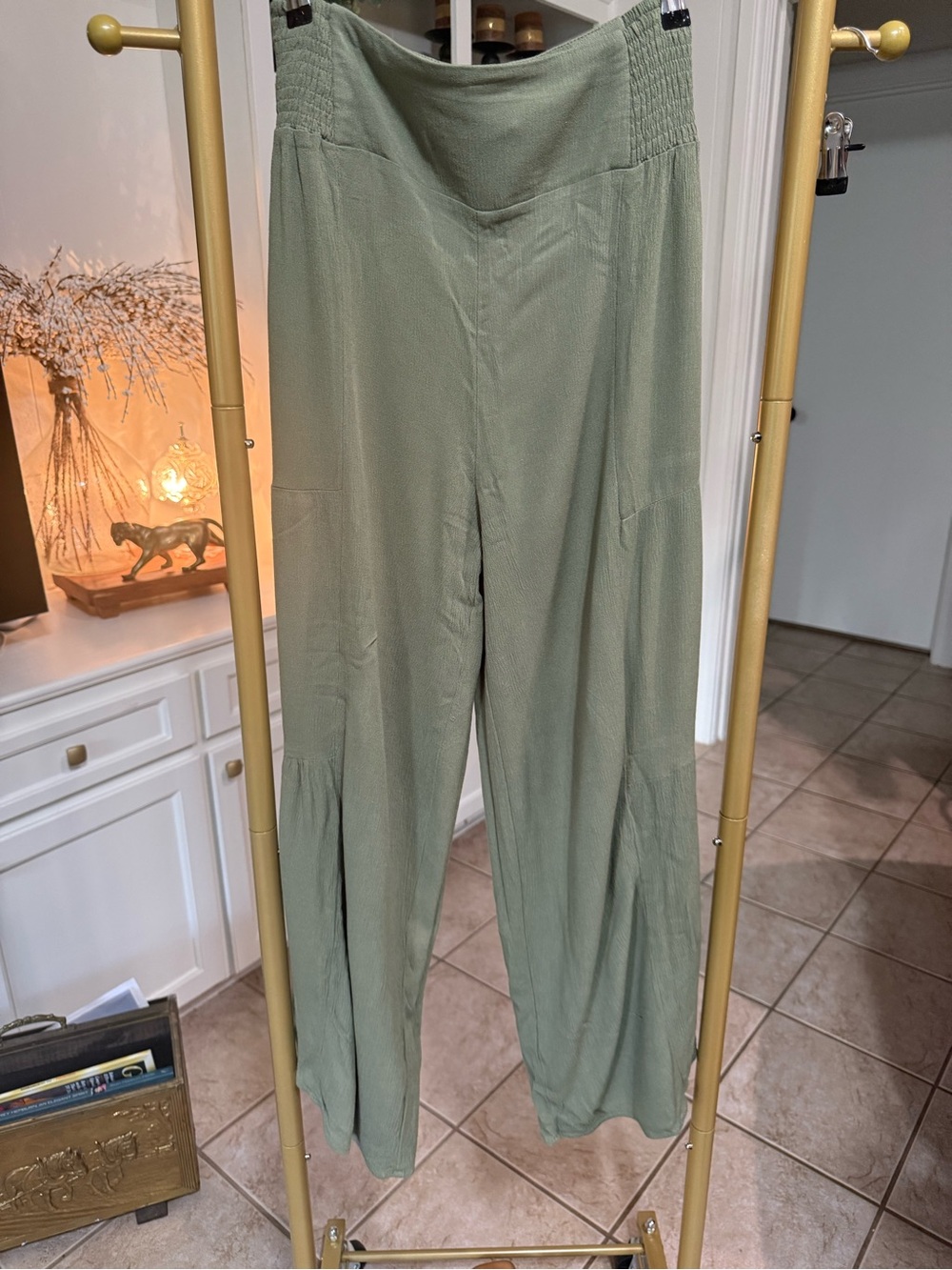Olive Green Flowy Wide Leg Smocked Waist Breezy Resort Pants